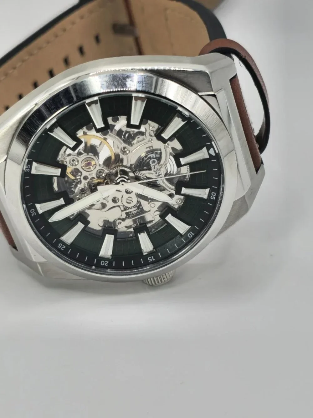 Fossil Everett Men's Automatic Green Skeleton Dial Brown Leather Watch ME3261